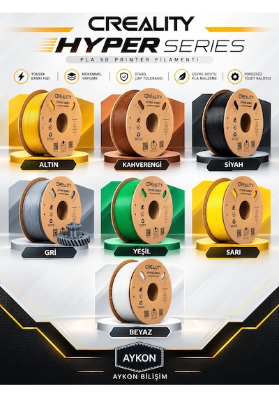Crealıty Hyper Pla Filament 7 Adet 1 Kg'lık Filament - Siyah - Beyaz - Sarı - Kahverengi - Yeşil - Gri - Altın Çok Renkli