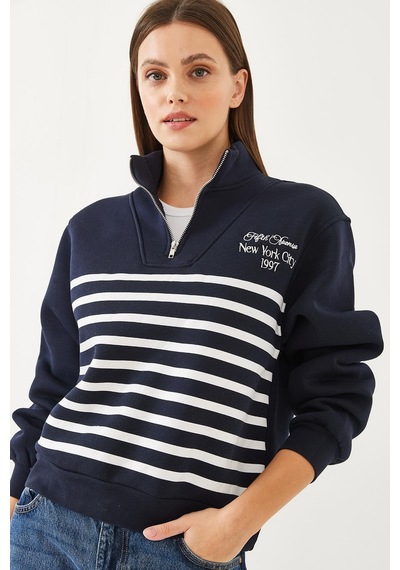 Shade Kadın Yarım Fermuarlı Çizgili Sweatshirt 60351005 - Lacivert