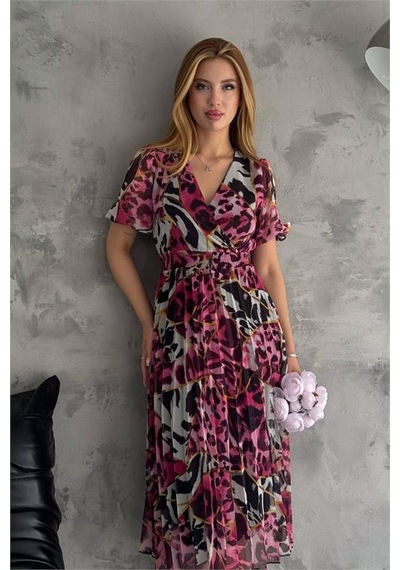 Dip Moda Kadın Kruvaze Yaka Desenli Şifon Elbise Dpnbq001 Fuşya