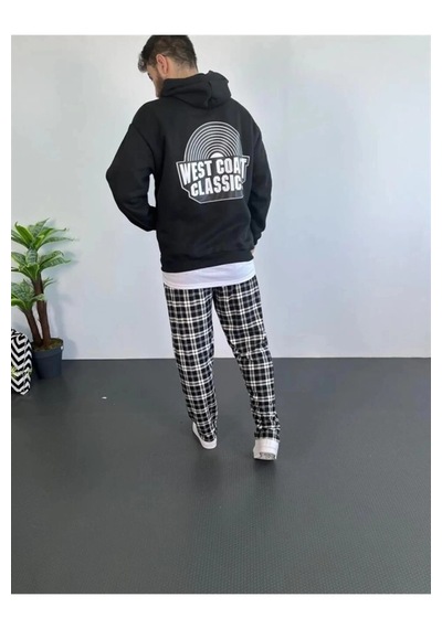 Suma Erkek Oversize Kapüşonlu Sweatshirt Siyah Ön Ve Sırt Baskılı Kanguru Cepli