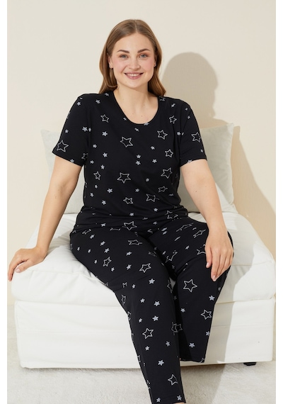 Siyah İnci Büyük Beden Battal Örme Pijama Takım 7614 Siyah Yıldız Desen