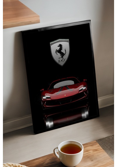 Ferrari 296 Gtb Siyah Ahşap Çerçeveli Poster, Dekoratif Araba Duvar Tablosu