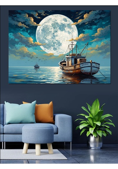 Ahşap Tablo Gece Denizde Ay Ve Tekne İnsan Figürlü Tablolar