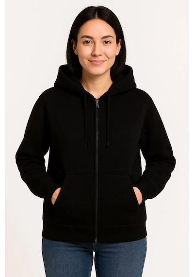 Mbb E-ticaret Kadın 3 İplik Kapüşonlu Tam Fermuarlı Kanguru Cepli Sweatshirt Hoodie - Siyah