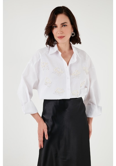 Lela Taş Detaylı Uzun Kollu Regular Fit Bayan Gömlek 611Go00418 Ekru