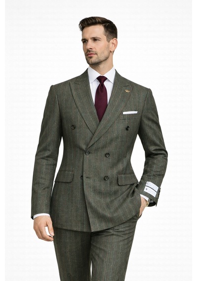 Fabıo Cassel Çizgili Kruvaze Erkek Takım Elbise Slim Fit Fıstık Yeşili