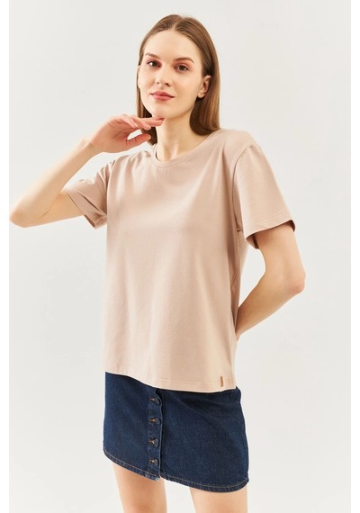 Kadın Rahat %100 Pamuklu Penye Bisiklet Yaka Kısa Kol Basic T-shirt Sütlü Kahve