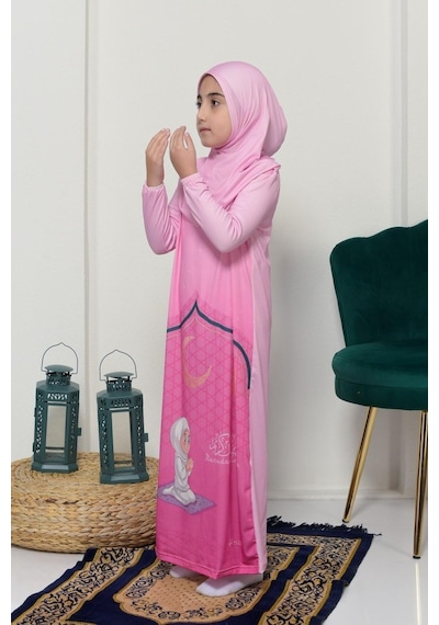 Çocuk Namaz Takımı Pratik Tek Parça Desenli Kollu Tak Çıkar Başörtülü Likralı Tesettür Elbise 6-12 Yaş 925-0201 Pembe