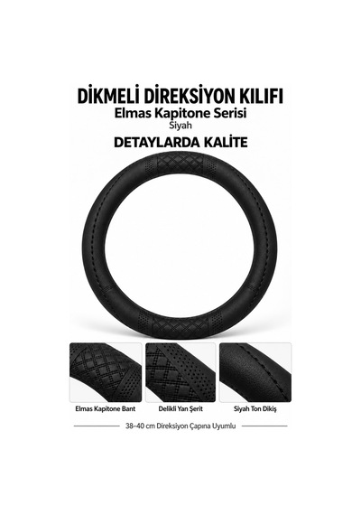 Trobus Peugeot 206 1998-2010 Uyumlu Dikmeli Direksiyon Kılıfı Elmas Kapitone Siyah
