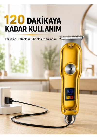 Profesyonel Saç Sakal Tıraş Makinesi T Bıçaklı Turbo Modlu Led Ekranlı 3 Taraklı Şarjlı - Lisinya 1 - 2 Saat