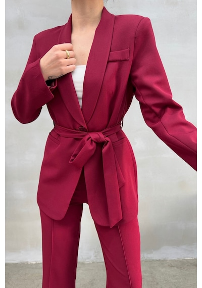 Msm Fashion Kadın İkili Kuşaklı Blazer Ceket Pantolon Takım Bordo