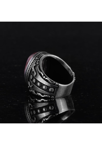 925 Ayar Gümüş Yüzük, Tasarım Gümüş Erkek Yüzüğü Pembe Topaz Yapay Taş Gümüş