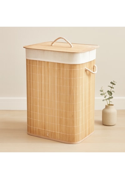 Bambu Kirli Çamaşır Sepeti 40x30x60 Cm - Kapaklı İpli Kumaş Torbalı Açık Ahşap