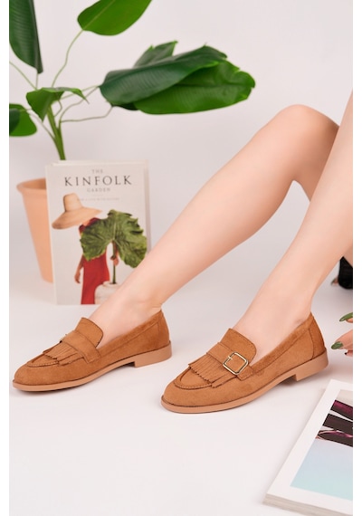 Muggo Tuft Gold Tokalı Püsküllü Süet Kadın Günlük Loafer Ayakkabı Taba