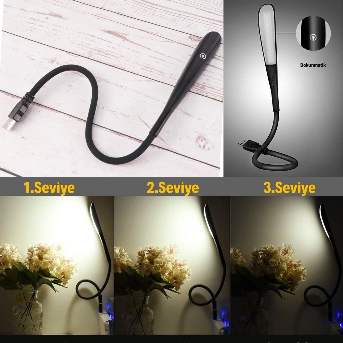 Buradabuldun Usb Girişli 14 Ledli 3 Kademeli Dokunmatik Masa/kitap Okuma Lambası Ledi Siyah Çok Renkli