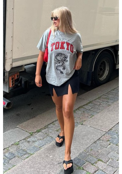 Madmext Boyalı Gri Baskılı Bisiklet Yaka Kadın Tişört Mg1771-boyalı Gri