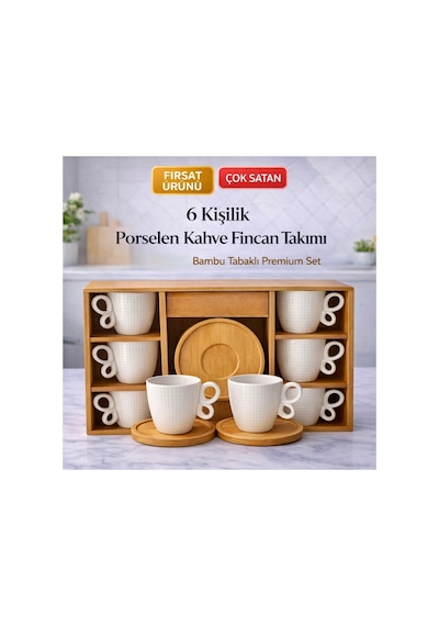 2 Kişilik 4 Parça Porselen Türk Kahvesi Fincan Takımı.bambu Tabaklı Premium Kahve Seti,sınırlı Stok Beyaz