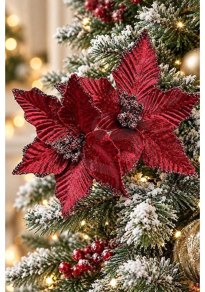 Yılbaşı Ağacı Süsü Bordo Ata Çiçek 14 Cm 2li Diğer