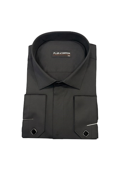 Erkek Klasik Gömlek Pamuklu Esnek Kumaş,slim Fit Uzun Kollu, Fransız Manşetli Plus Scorpion Siyah