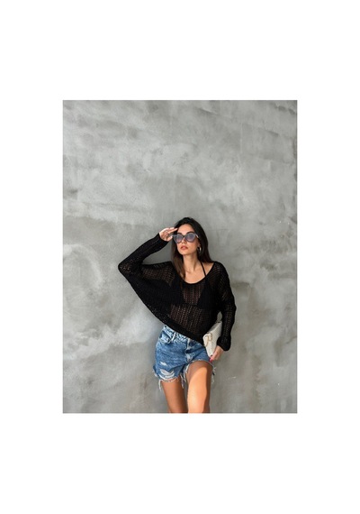 De Pose Ajurlu Sonbahar Triko Oversize Bluz Kazak Siyah