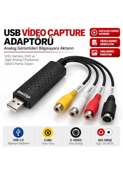 Luve Store Usb Easycap 4 Kanal Video Capture Kayıt Kartı Rca S-video Analog Görüntü Aktarma Dönüştürücü Pal Ntsc