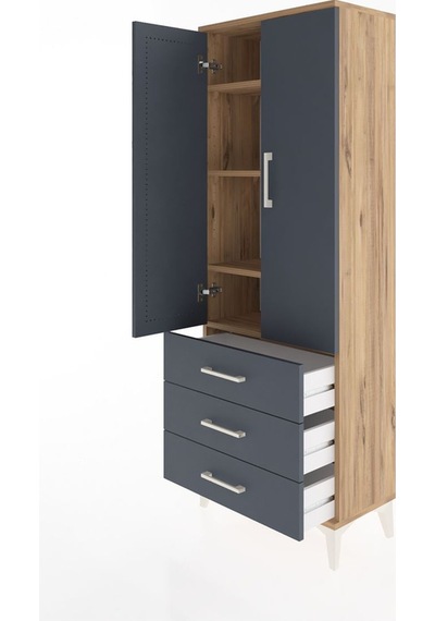 Arges Dolap 4 Raflı 3 Çekmeceli 2 Kapaklı 60x30x163 Çam-antrasit Çam