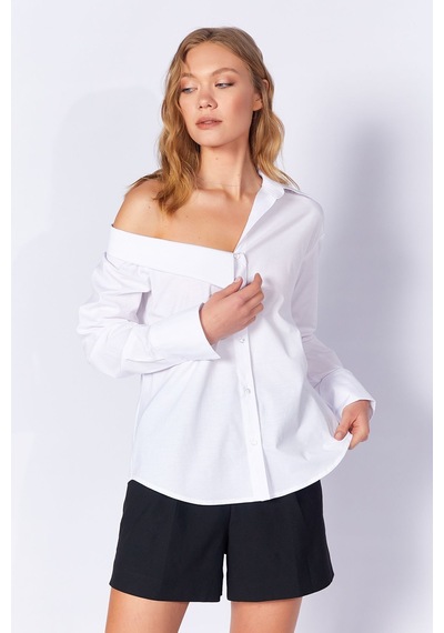 Manche Beyaz Asimetrik Poplin Likralı Gömlek Mks169256-01