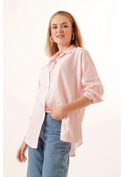 Bigdart 3900 Oversize Uzun Basic Gömlek - Pudra 001