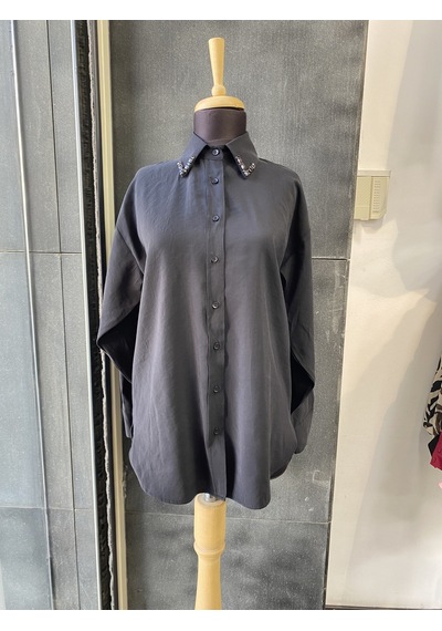 Pera Moda Yakası Taşlı Modal Kumaş Oversize Kadın Gömleği Siyah