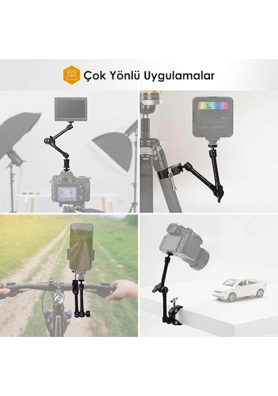 Profesyonel Magic Arm Dslr Kamera Tutucu Süper Kelepçeli Mengene Stand, 1/4 3/8 Dişli Flaş Pabuçlu Esnek Mafsallı Kol Tripod Masa Gidon Monitör Mikrofon Aksiyon Kamera Sabitleme, Mg01, Siyah