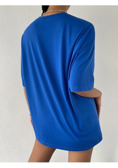 To Rome T-shirt - Saks Mavi Baskılı Oversize Bisiklet Yaka Kısa Kol Tişört Saks Mavi