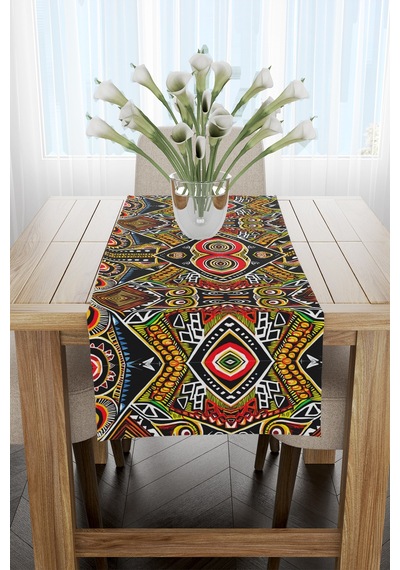 Çok Renkli Etnik Afrika Figürlü Runner 40x220cm Siyah