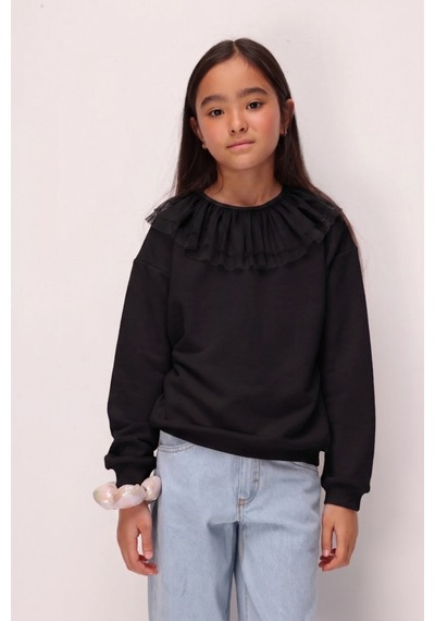 Le Mabelle Siyah Tül Yaka Detaylı Kız Çocuk Sweatshirt - Zora Siyah