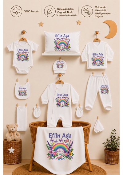 Pia Baby İsimli Kız Bebek Hastane Çıkışı 11 Parça %100 Pamuk Organik Baskılı Kişiye Özel Set 1045110x Ekru