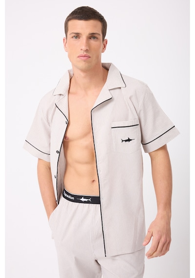 L'espadon Marısılk Seastrıpe Erkek Dokuma Yazlık Kısa Kollu Capri Pantolonlu Pijama & Lounge Takımı-3215 Bej