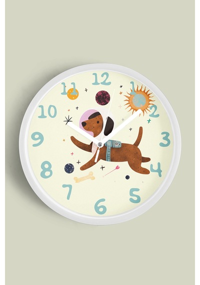 Sevimli Astronot Köpek - Uzay Çocuk Odası Modern Duvar Saati - 42cm - Önü Camlı Beyaz Kasa Beyaz