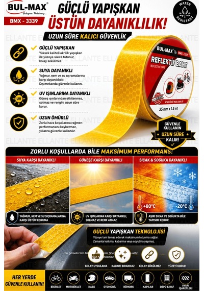 Sarı Reflektif Bant 3,5 Cm X 1.5 Metre Kendinden Yapışkanlı Gece Görünürlük Güvenlik Bandı Bisiklet