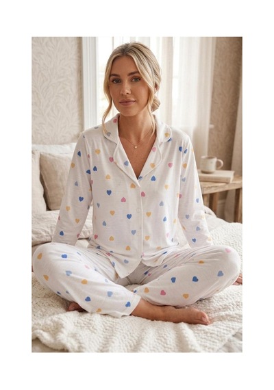 Fit Women Renkli Kalp Desenli Uzun Kollu Pijama Takımı 4603 -beyaz Kar Beyaz