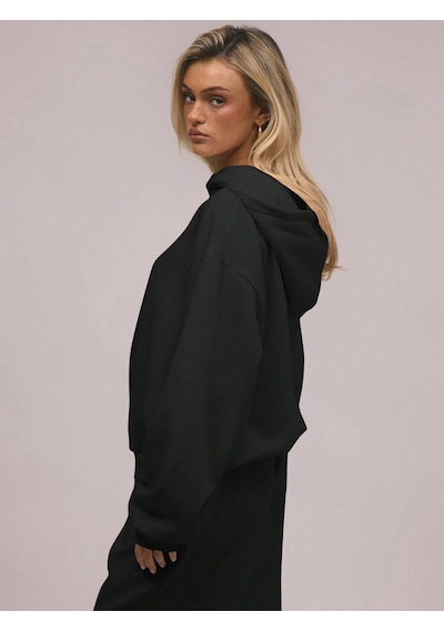 Macklin Unisex Kadın Erkek Baskısız Rahat Kalıp Oversize 3 İplik Kapüşonlu Hoodie Ve Baggy Eşofman Altı Siyah