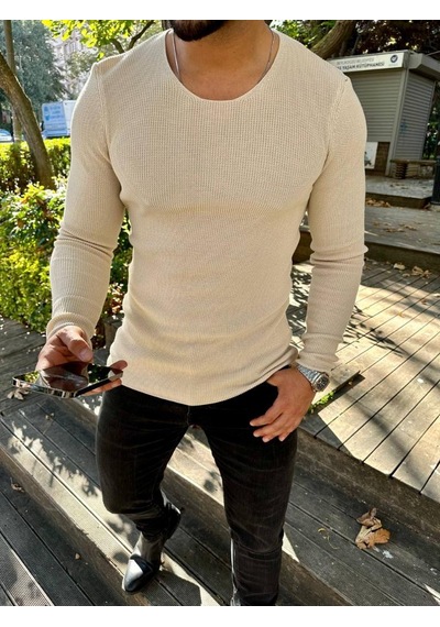 Elku Moda Kazak Örme Tüylenmez Naturel Pamuk Kazak Slim Fit Triko Dar Kesim Body Kazak Krem