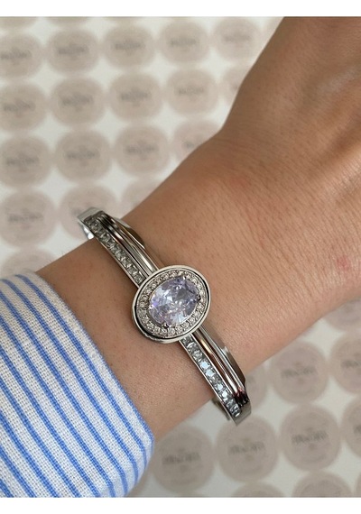Pinery Jewels İri Taşlı Gümüş Modern Paslanmaz Çelik Kelepçe Bileklik Günlük Ve Altın