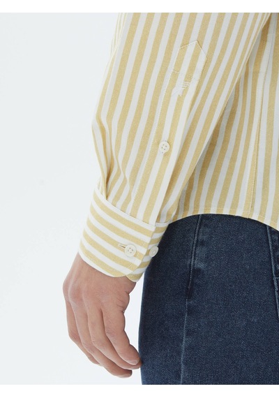 Kip Sarı Çizgili Regular Fit Dokuma Casual Pamuk Gömlek Sarı
