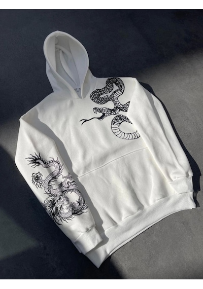 Efnaz Style Uzun Kol Kapşonlu Baskılı Sweatshirt - Beyaz