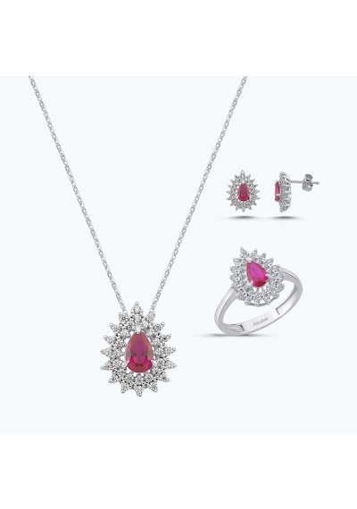 Altınbaş Kırmızı Taşlı Altın Üçlü Damla Set Autk0033-b-24627-k-set