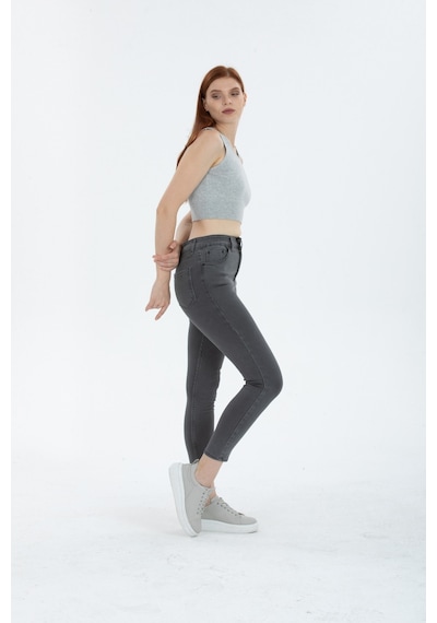Yüksek Bel Gri Skinny Jean Pantolon Gri