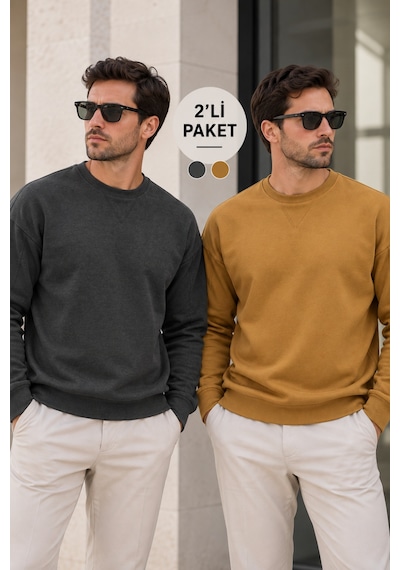 Polo State Erkek 2 Li Paket Bisiklet Yaka Basic Günlük Sweatshirt - Antrasit & Kahve