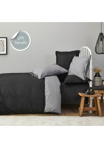 Karaca Home Basic Siyah Koyu Gri %100 Pamuk Çift Taraflı Çift Kişilik Nevresim Takımı Gri