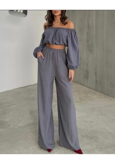 Fashion Cocktail Düşük Omuz Yazlık Lastikli Bohem Sahil Pantolon Krop Göbek Açık Kadın Takım Gri