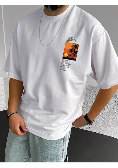 T-shirt - Beach Baskılı Oversize Bisiklet Yaka Kısa Kol Tişört Beyaz