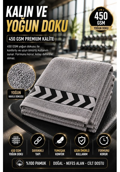 Gri 30x100 Cm %100 Pamuk 450 Gsm Spor Havlusu Fitness Gym Boks Tenis Golf Yüz Havlusu Yıkanabilir